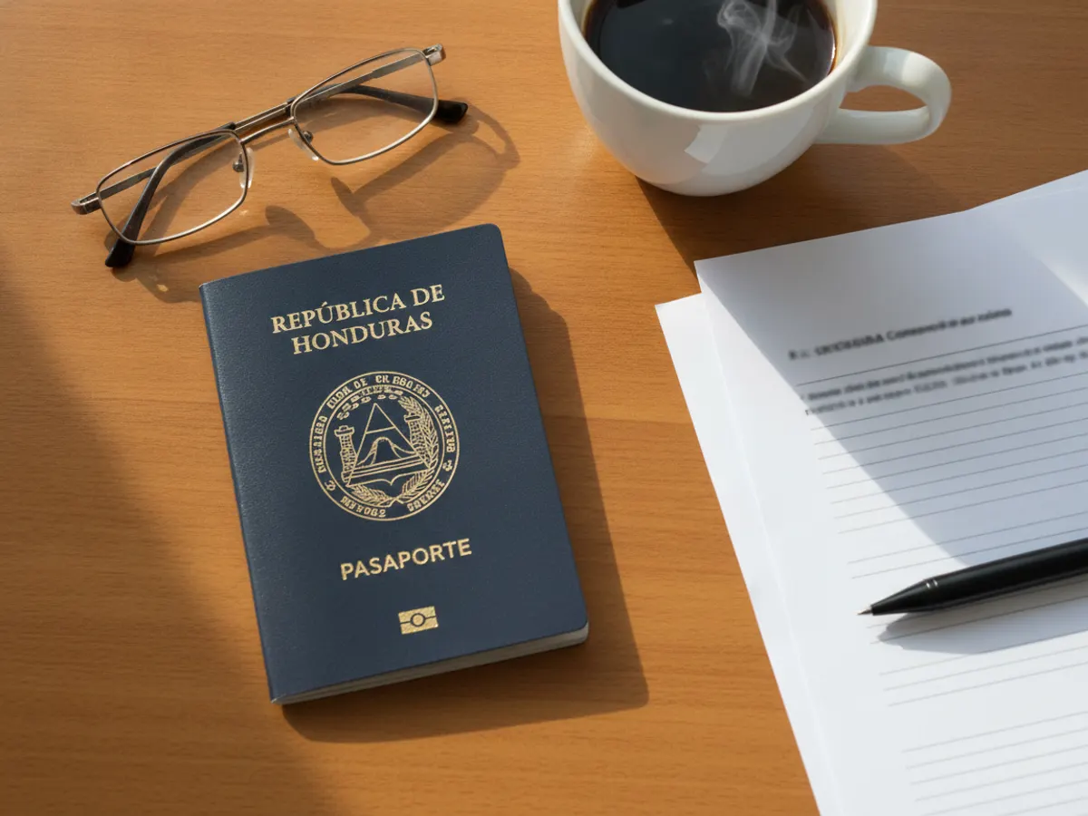 Pasaporte y documentos organizados sobre un escritorio